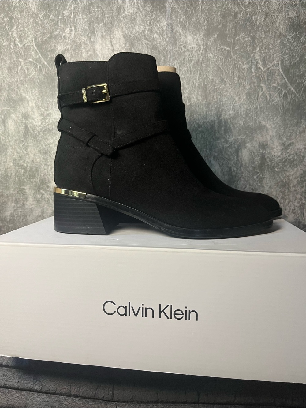 Calvin Klein Black Suede Mid Heel Ankle Booties with Gold Accent